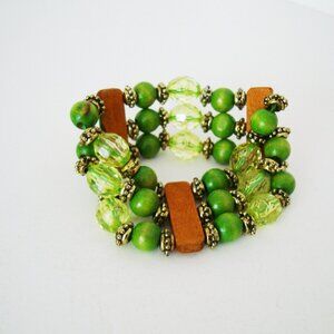Green Boho Beaded Triple Strand Bracelet Earth Tone Golden Beads